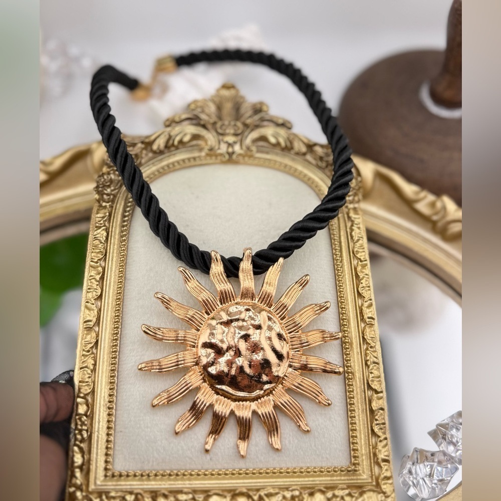 Statement Sun Pendant Necklace – Gold-Tone with Black Cord - Picture 3 of 11